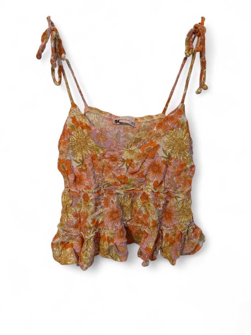 SO Floral Tie-Shoulder Ruffle Tank - Orange, Pink, Yellow